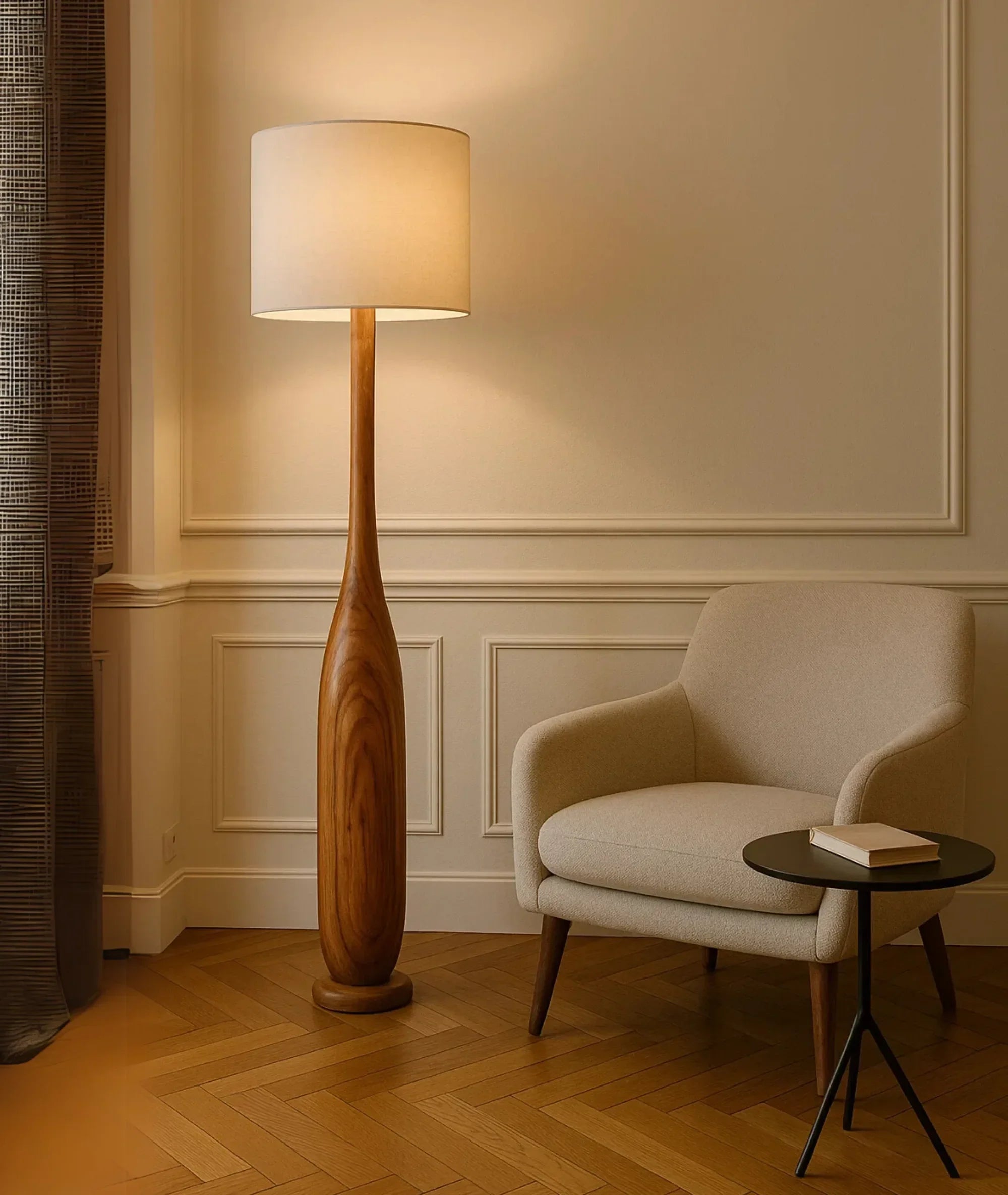 Nureyaa Briar Floor Lamp, 63" tall, 6" wood base, linen shade, handmade decor Brown