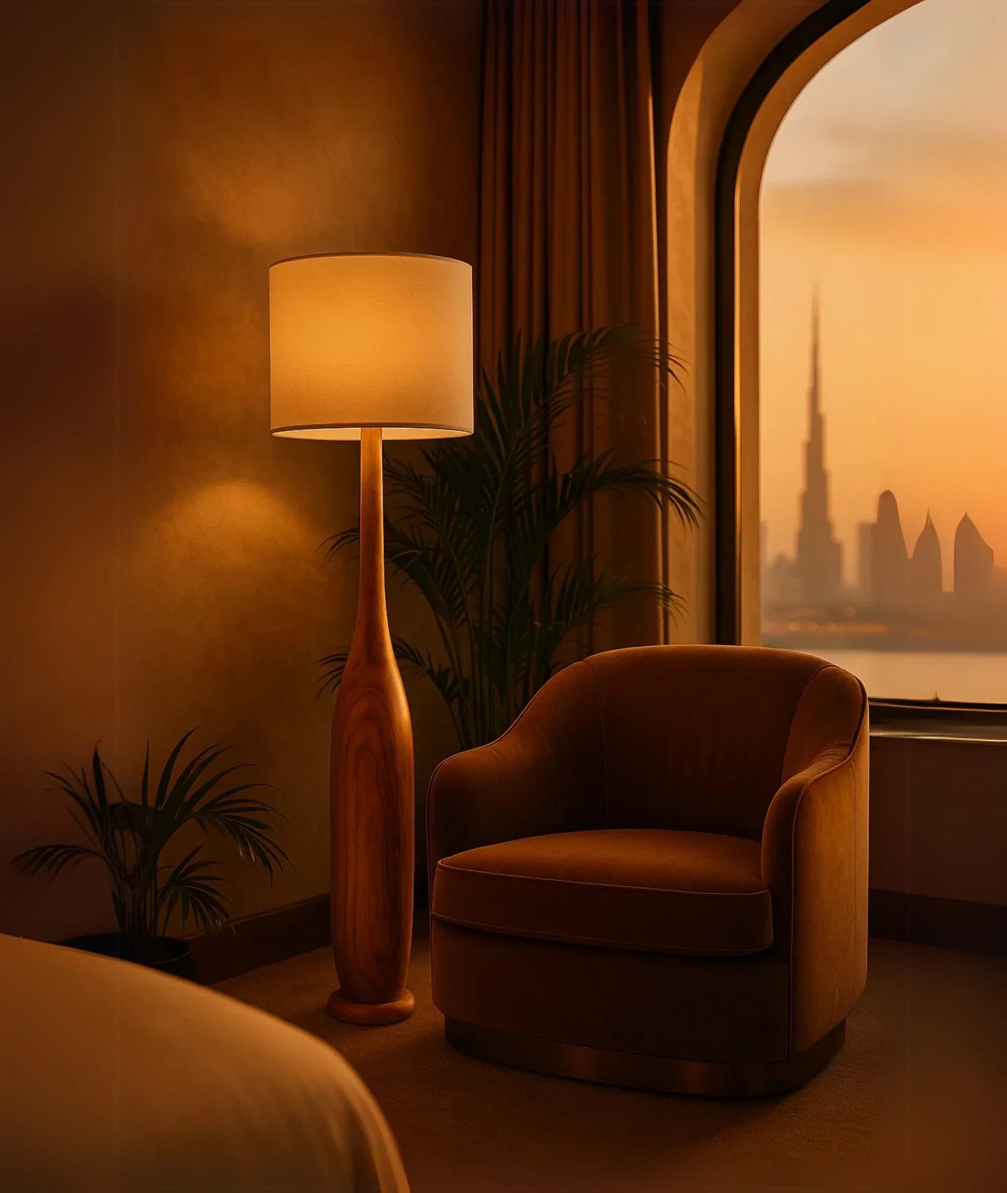 Nureyaa Briar Floor Lamp, 63" tall, 6" wood base, linen shade, handmade decor Brown