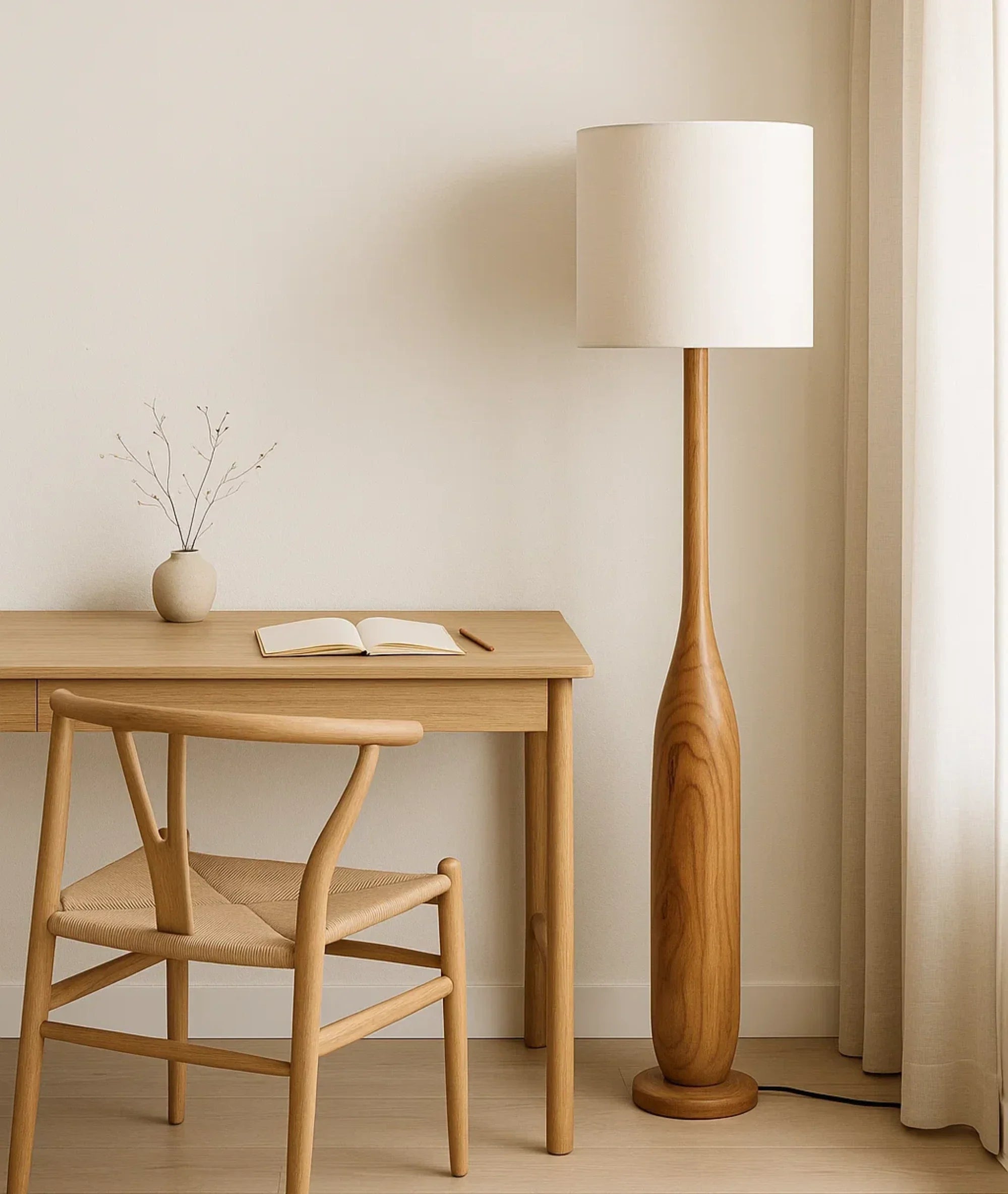Nureyaa Briar Floor Lamp, 63" tall, 6" wood base, linen shade, handmade decor Brown