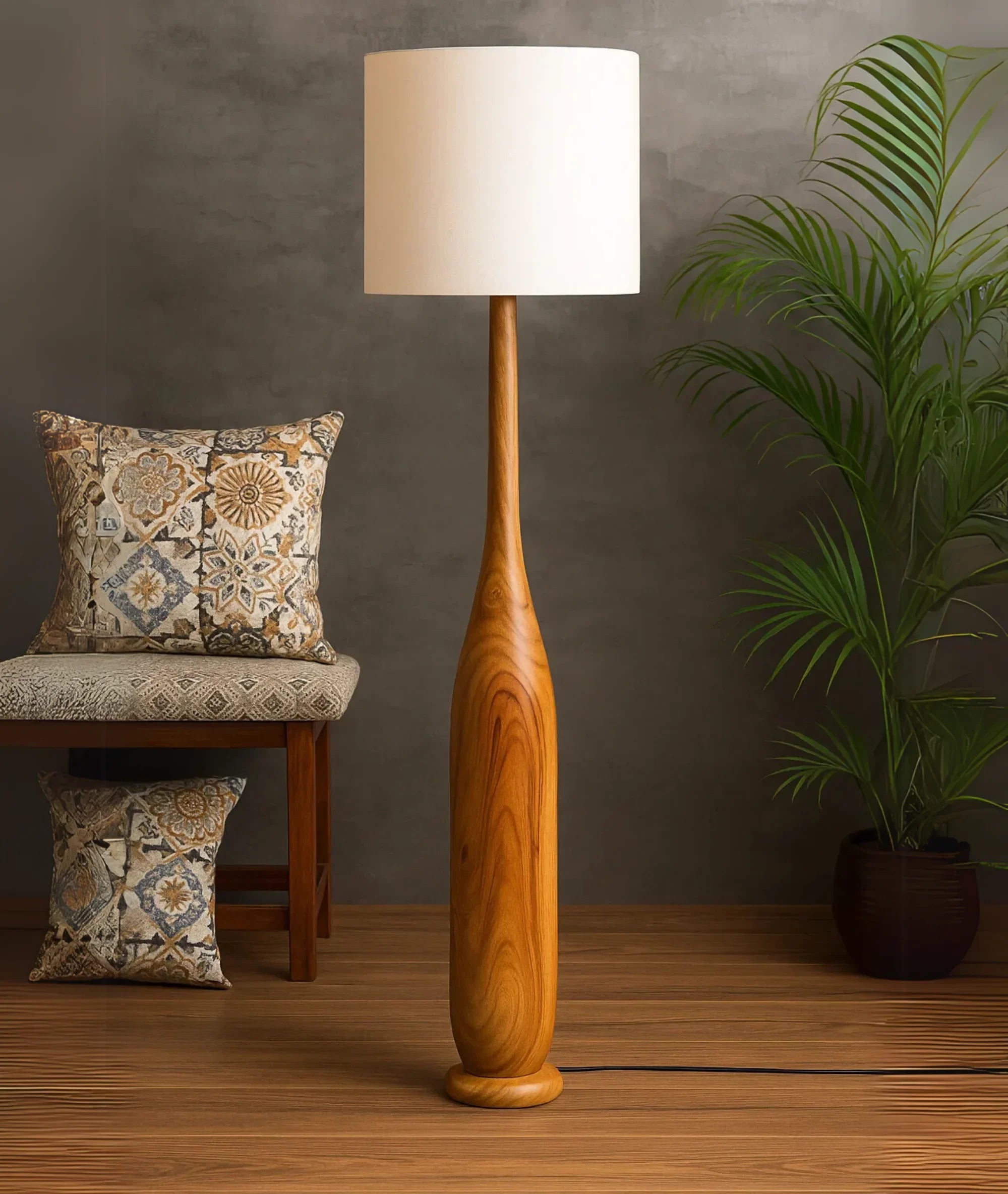 Nureyaa Briar Floor Lamp, 63" tall, 6" wood base, linen shade, handmade decor Brown