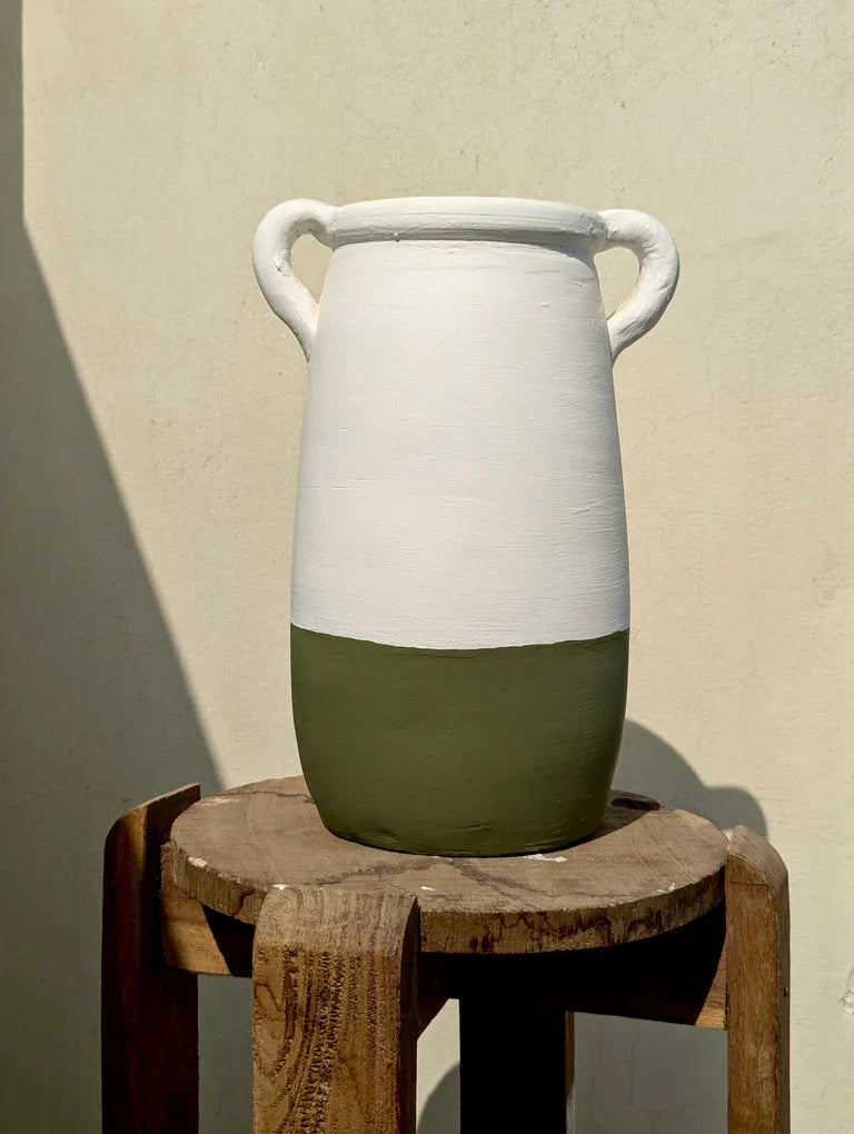 Nureyaa Tranquil White and Olive Ceramic Vase, 10" tall, 7" wide, handmade calming decor