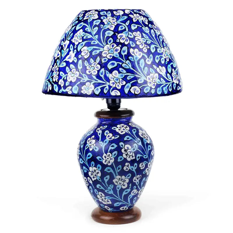“Blue camel skin bedside table lamp with handpainted artwork and pine wood base – traditional artisan lighting for ambient décor”