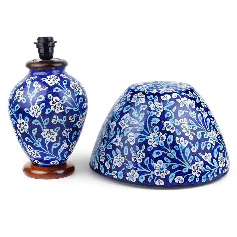 “Blue camel skin bedside table lamp with handpainted artwork and pine wood base – traditional artisan lighting for ambient décor”