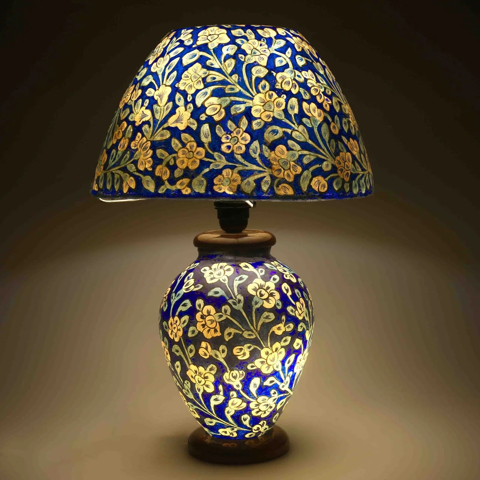 “Blue camel skin bedside table lamp with handpainted artwork and pine wood base – traditional artisan lighting for ambient décor”