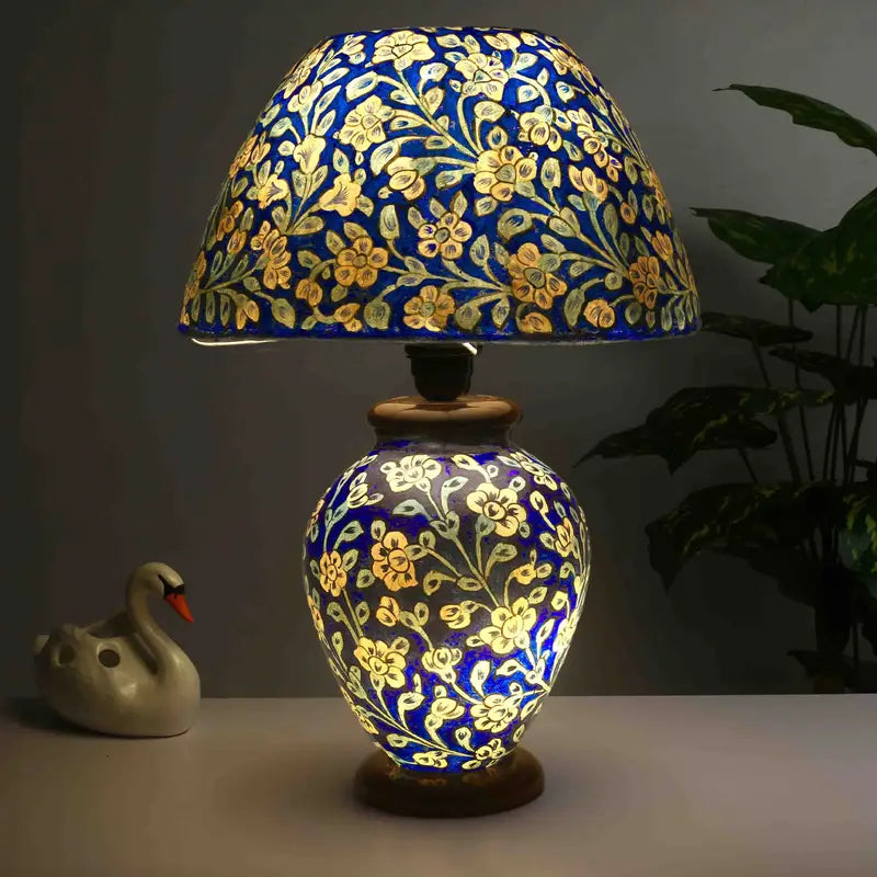 “Blue camel skin bedside table lamp with handpainted artwork and pine wood base – traditional artisan lighting for ambient décor”