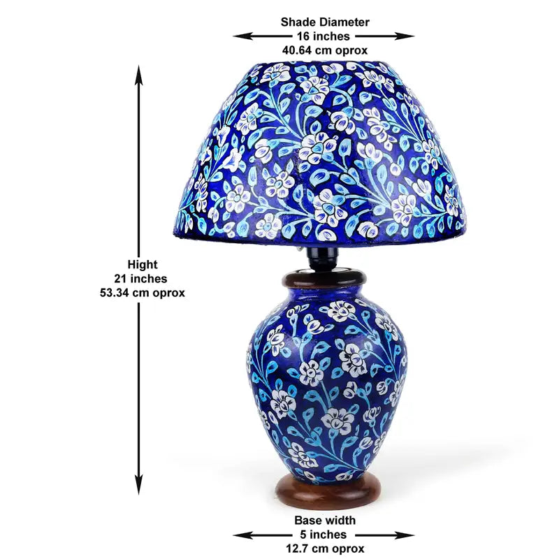 “Blue camel skin bedside table lamp with handpainted artwork and pine wood base – traditional artisan lighting for ambient décor”