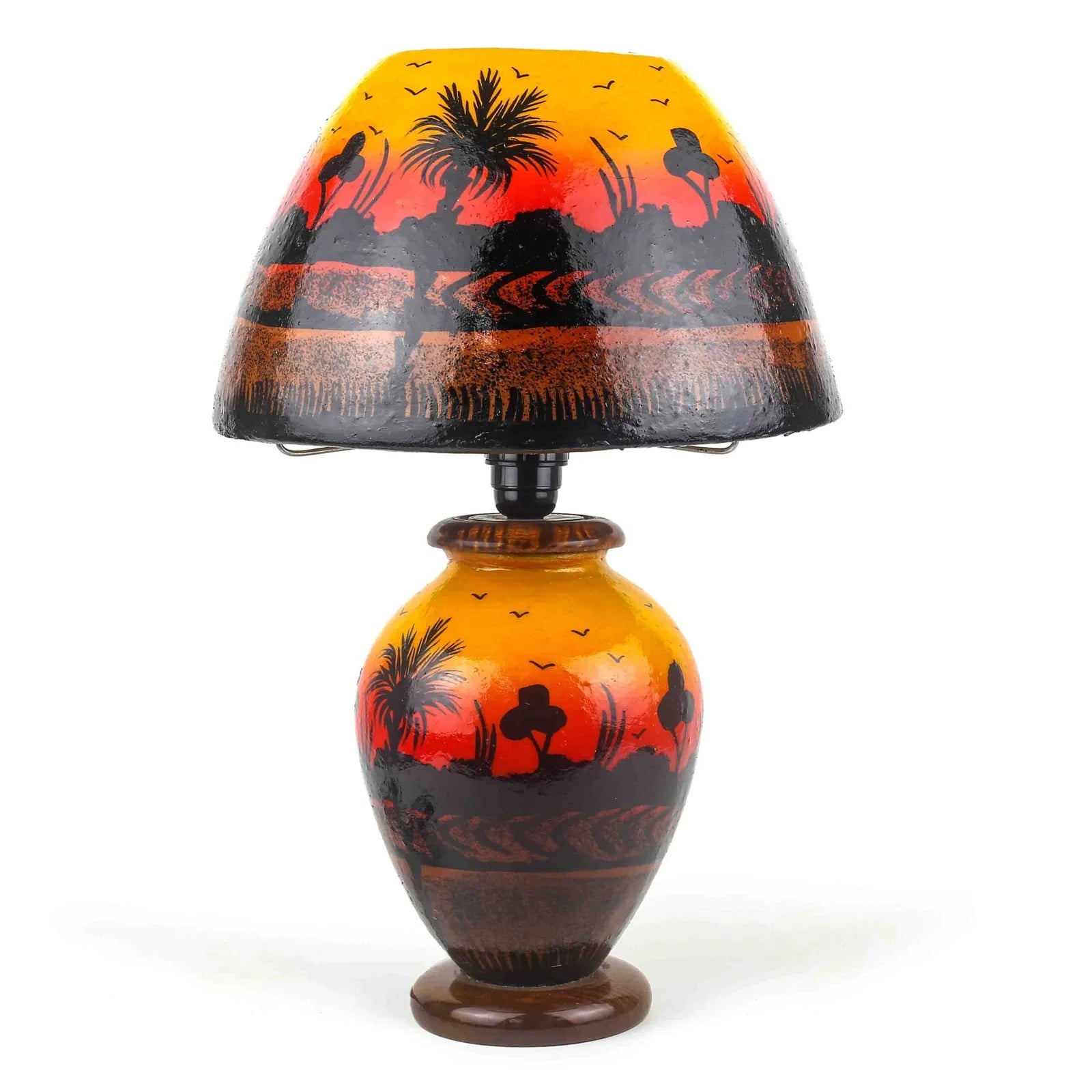 “Sunset-toned camel skin bedside lamp – handpainted, handcrafted with warm ambient glow and pine wood base”