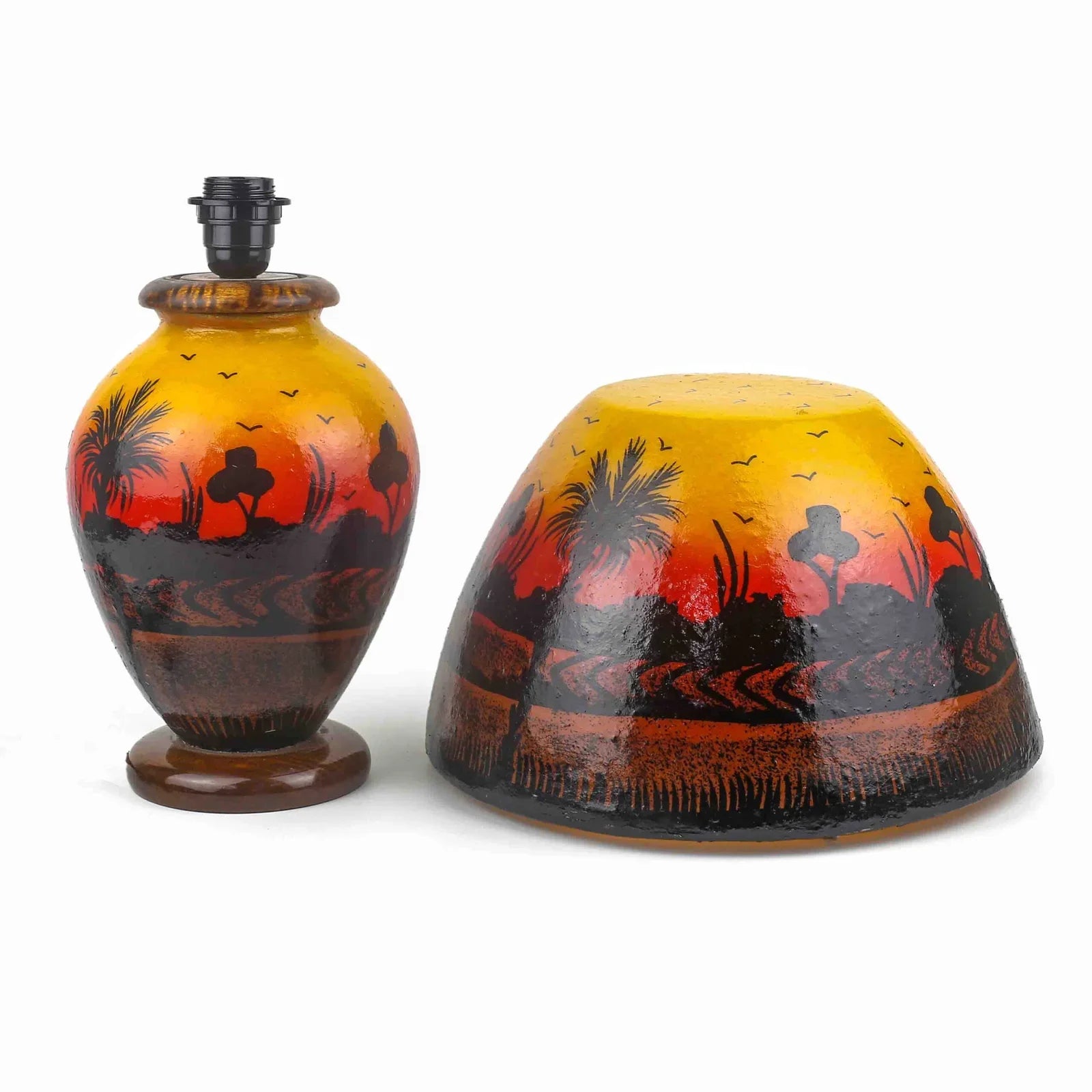 “Sunset-toned camel skin bedside lamp – handpainted, handcrafted with warm ambient glow and pine wood base”
