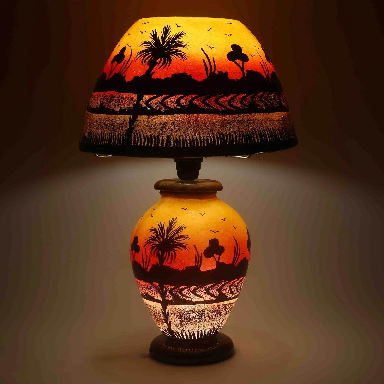 “Sunset-toned camel skin bedside lamp – handpainted, handcrafted with warm ambient glow and pine wood base”