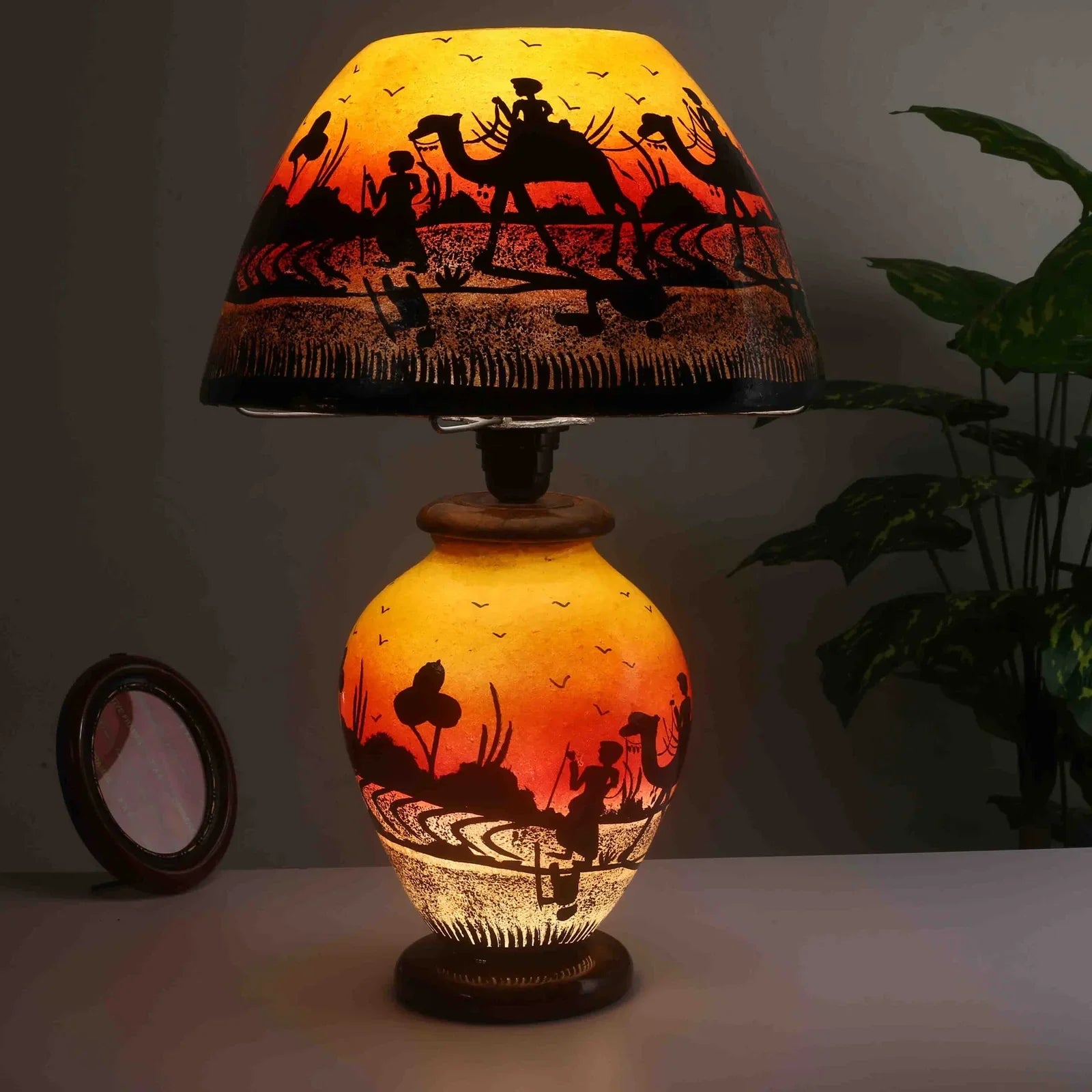 “Sunset-toned camel skin bedside lamp – handpainted, handcrafted with warm ambient glow and pine wood base”