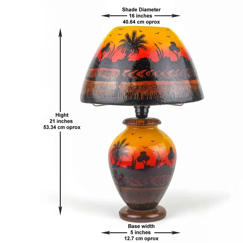 “Sunset-toned camel skin bedside lamp – handpainted, handcrafted with warm ambient glow and pine wood base”