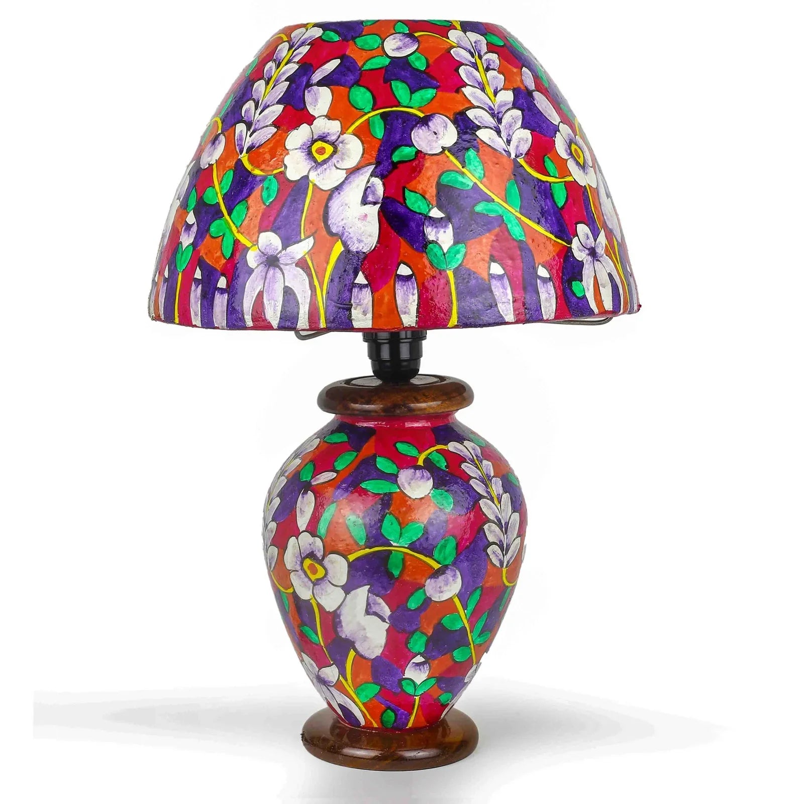 “Colorful handpainted camel skin corner lamp with pine wood base – handmade South Asian decor”