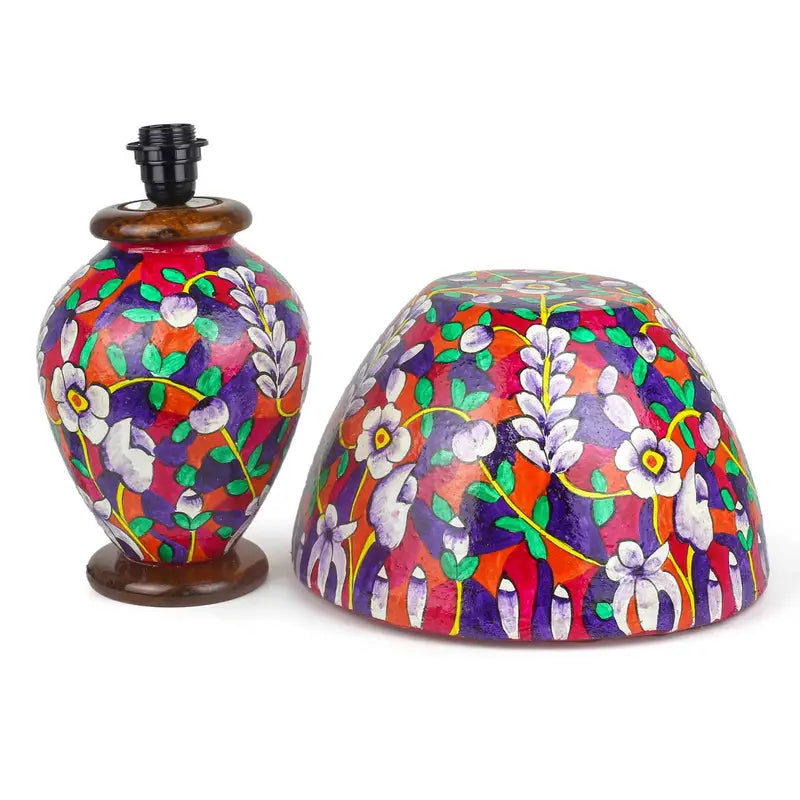“Colorful handpainted camel skin corner lamp with pine wood base – handmade South Asian decor”