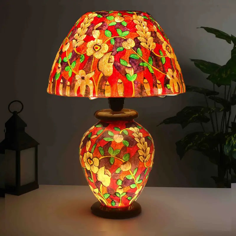 “Colorful handpainted camel skin corner lamp with pine wood base – handmade South Asian decor”
