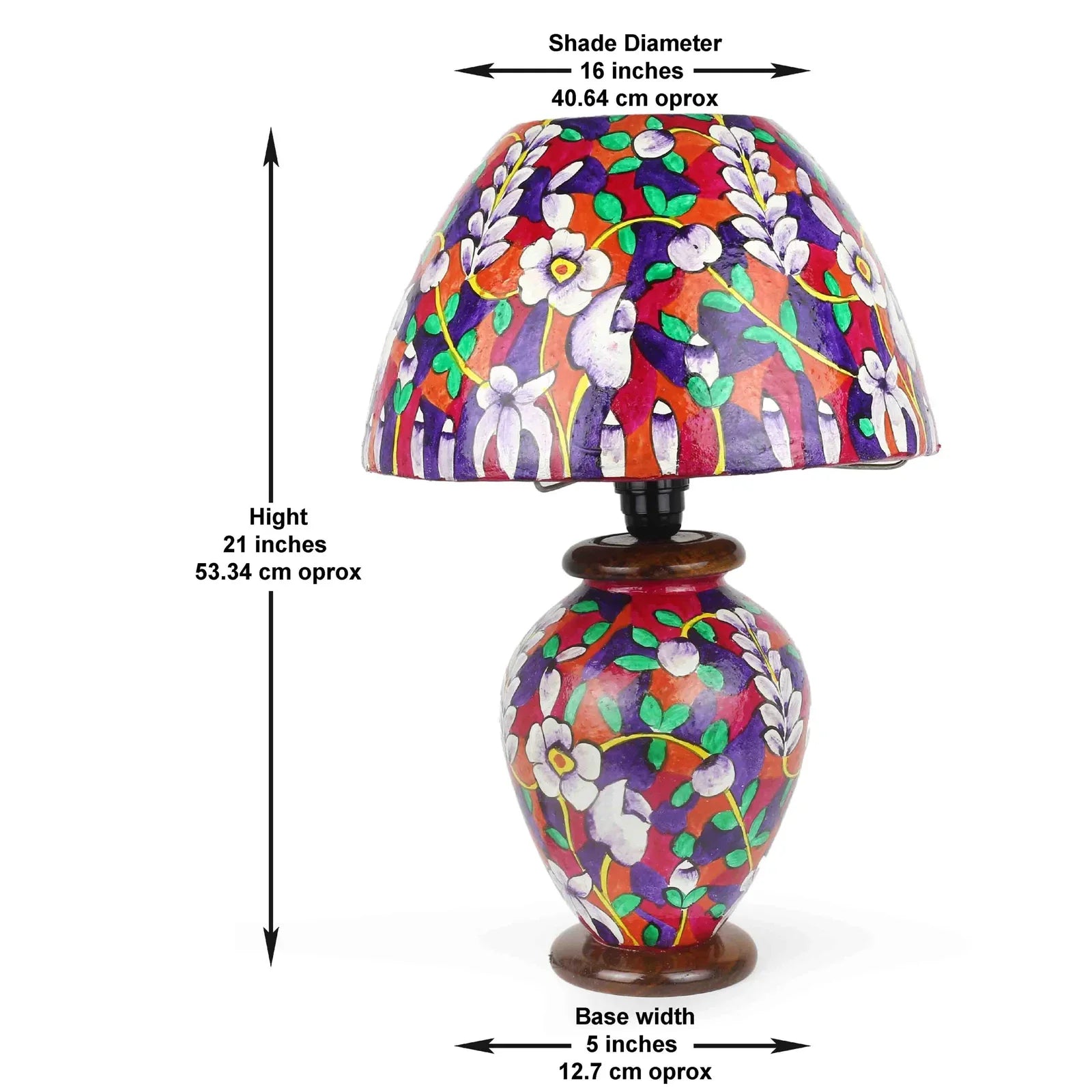 “Colorful handpainted camel skin corner lamp with pine wood base – handmade South Asian decor”