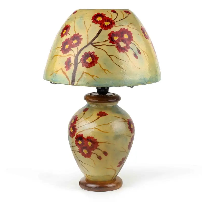 “Handpainted camel skin corner lamp with pine wood base – fine art design and warm ambient glow