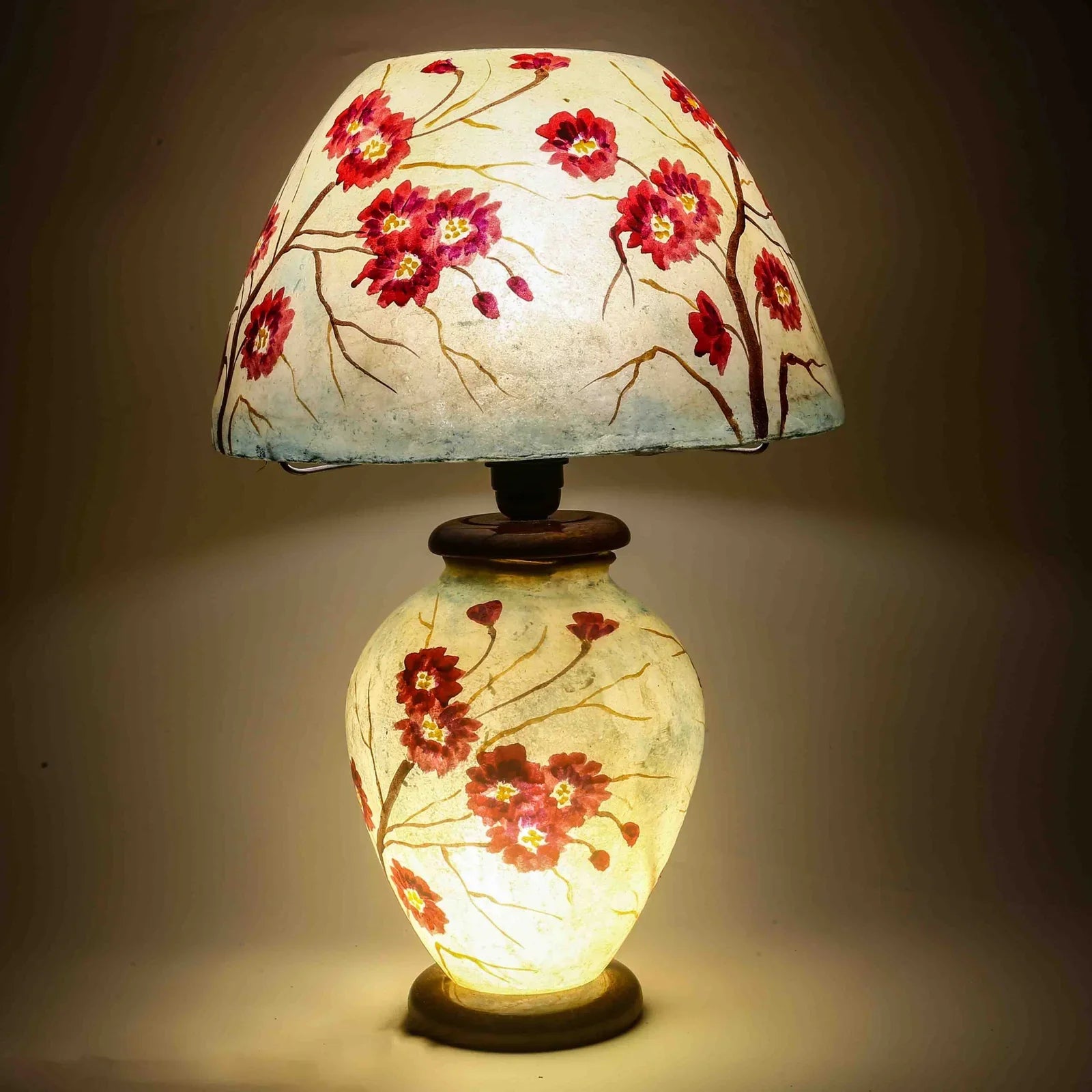 “Handpainted camel skin corner lamp with pine wood base – fine art design and warm ambient glow