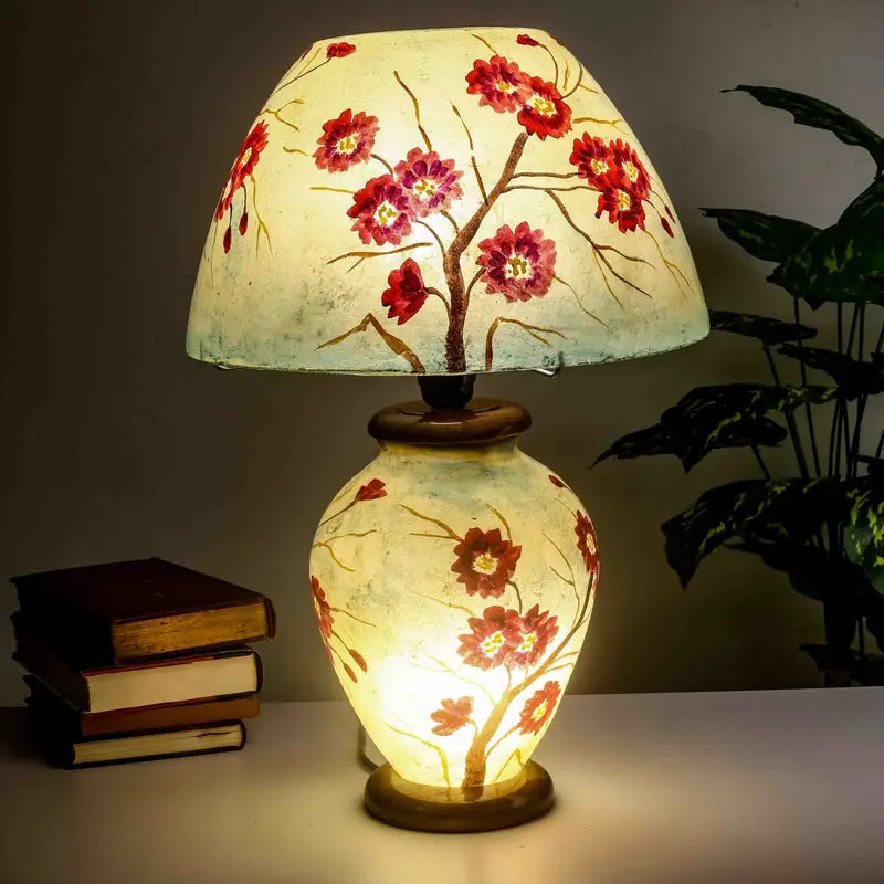“Handpainted camel skin corner lamp with pine wood base – fine art design and warm ambient glow