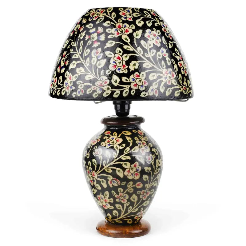 “Unique handpainted camel skin lamp with intricate artisan patterns and warm glow on pine wood base – traditional handmade decor”