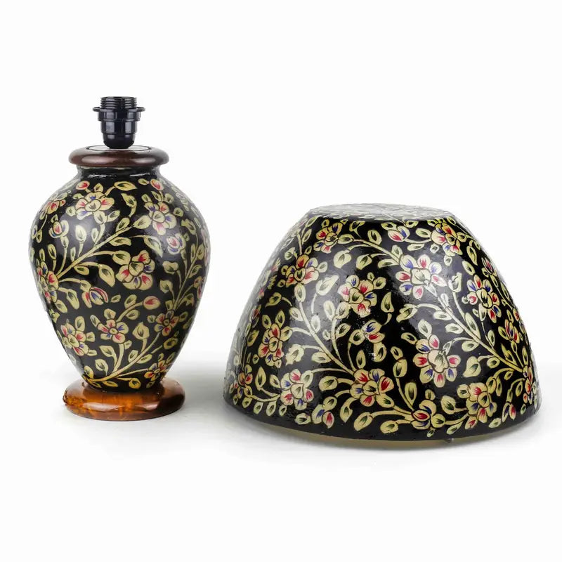 “Unique handpainted camel skin lamp with intricate artisan patterns and warm glow on pine wood base – traditional handmade decor”