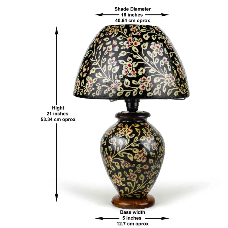“Unique handpainted camel skin lamp with intricate artisan patterns and warm glow on pine wood base – traditional handmade decor”