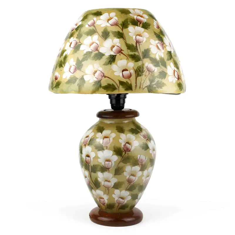 Floral Handpainted & Handmade Camel Skin Lamp with Pine Wood Base
