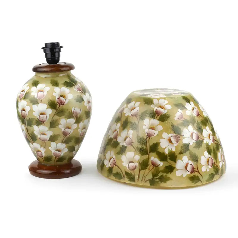 Floral Handpainted & Handmade Camel Skin Lamp with Pine Wood Base