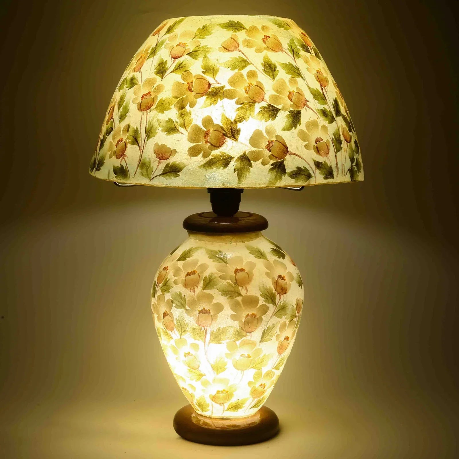 Floral Handpainted & Handmade Camel Skin Lamp with Pine Wood Base