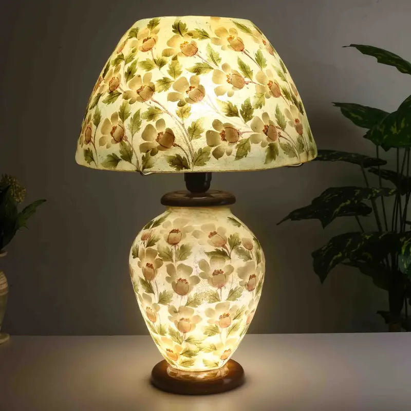 Floral Handpainted & Handmade Camel Skin Lamp with Pine Wood Base