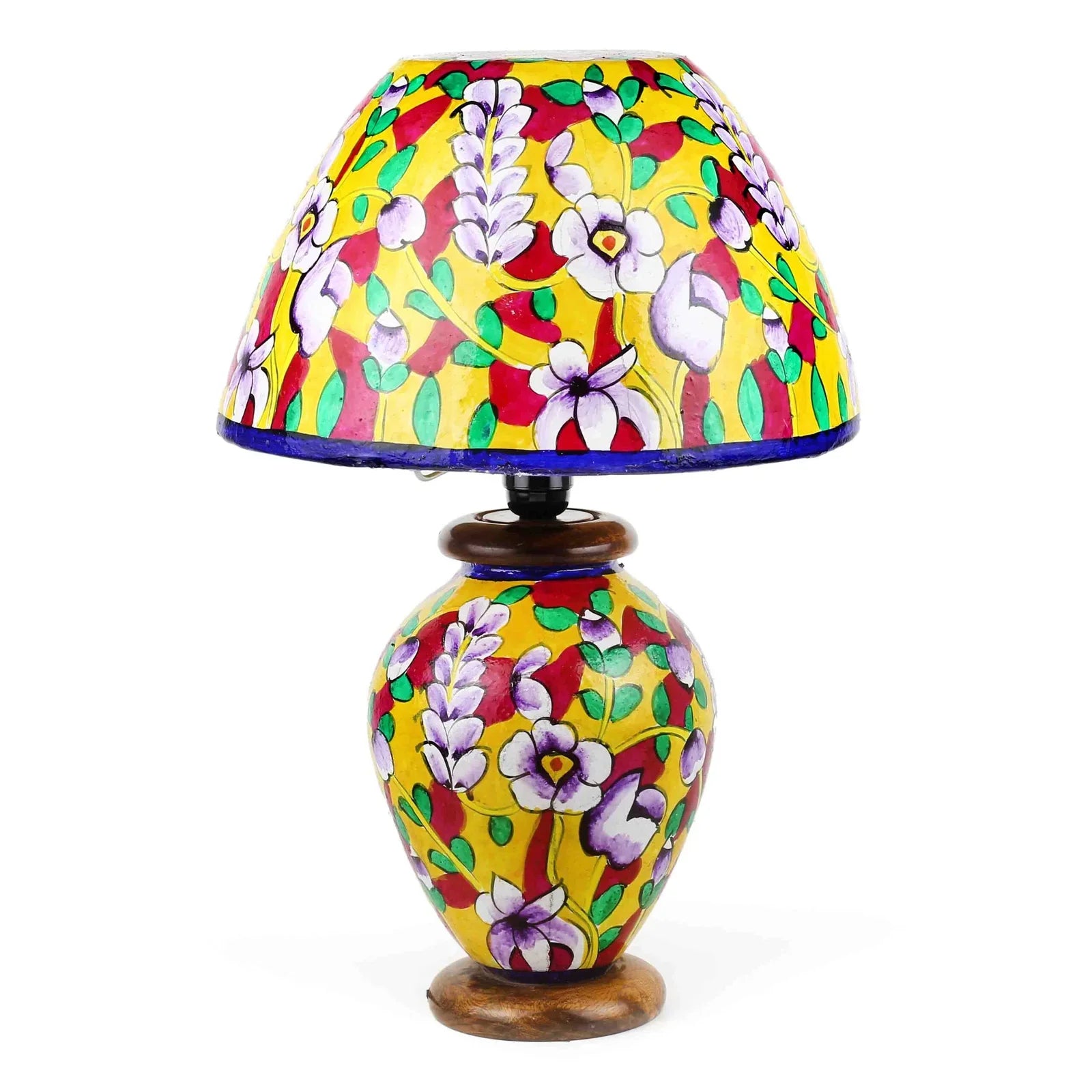 “Yellow floral camel skin lamp – handpainted artisan lamp with wooden base and warm glow”