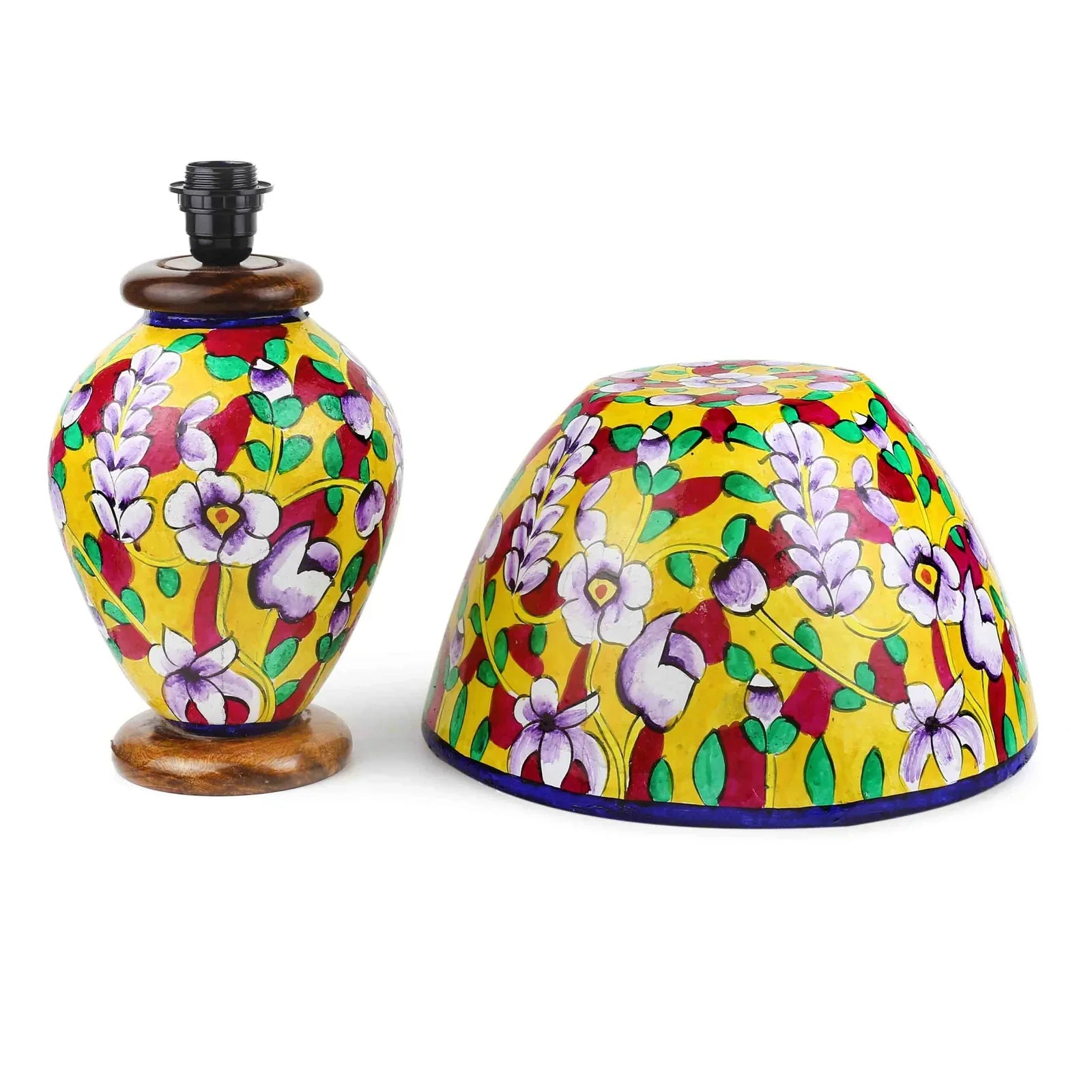 “Yellow floral camel skin lamp – handpainted artisan lamp with wooden base and warm glow”