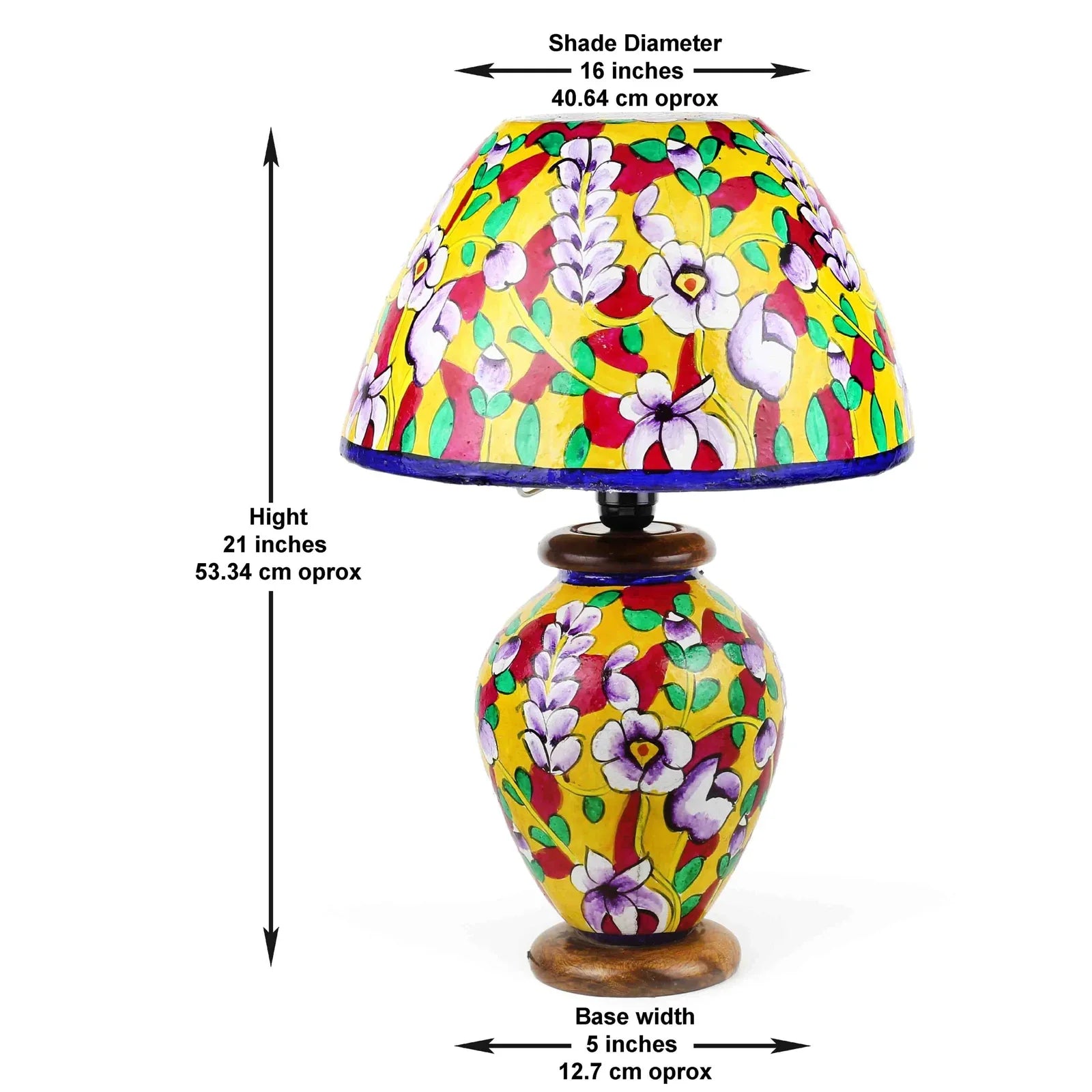 “Yellow floral camel skin lamp – handpainted artisan lamp with wooden base and warm glow”