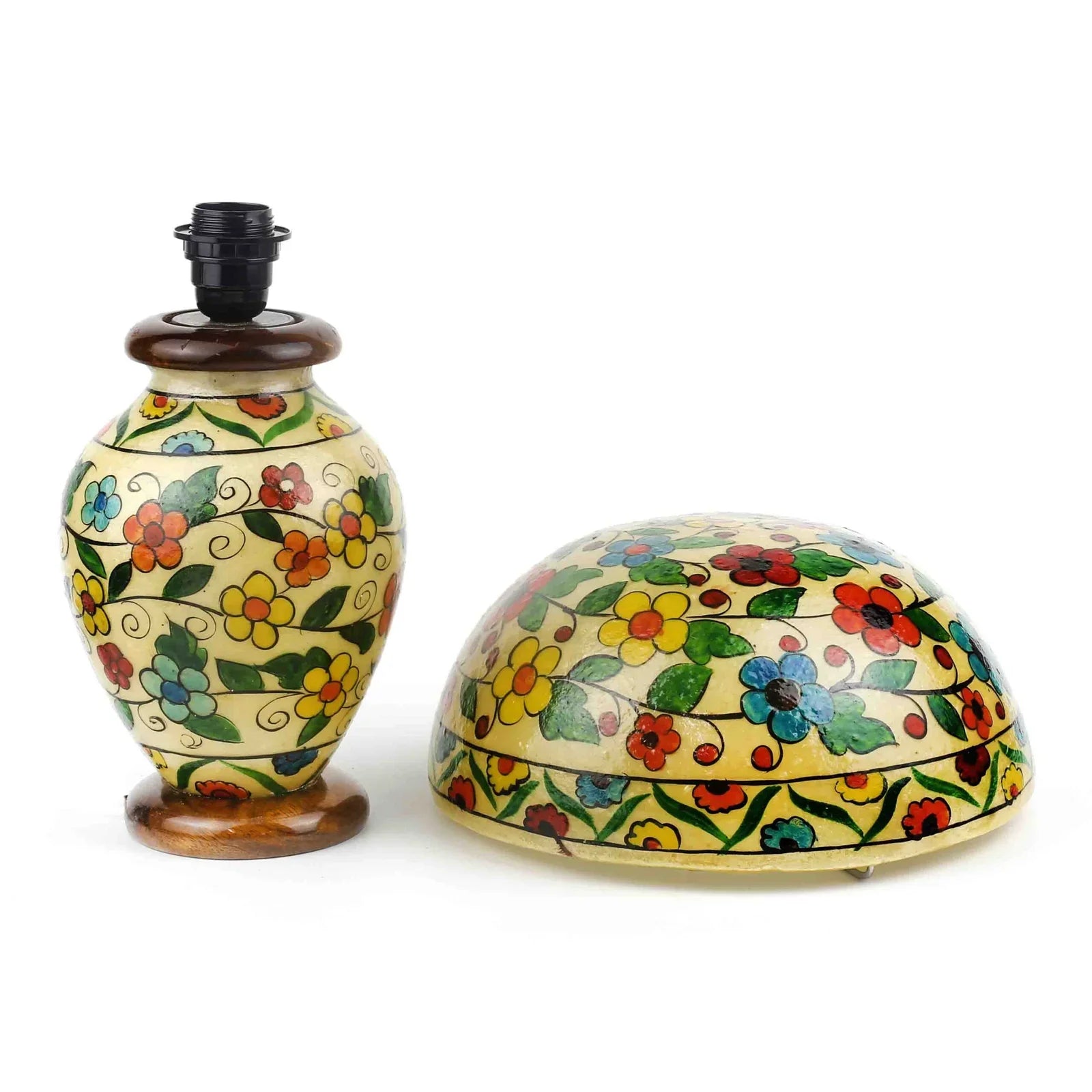 “Hand-painted Multi Colour Mushroom Lamp made from camel leather with pine wood base – traditional artisan lighting”