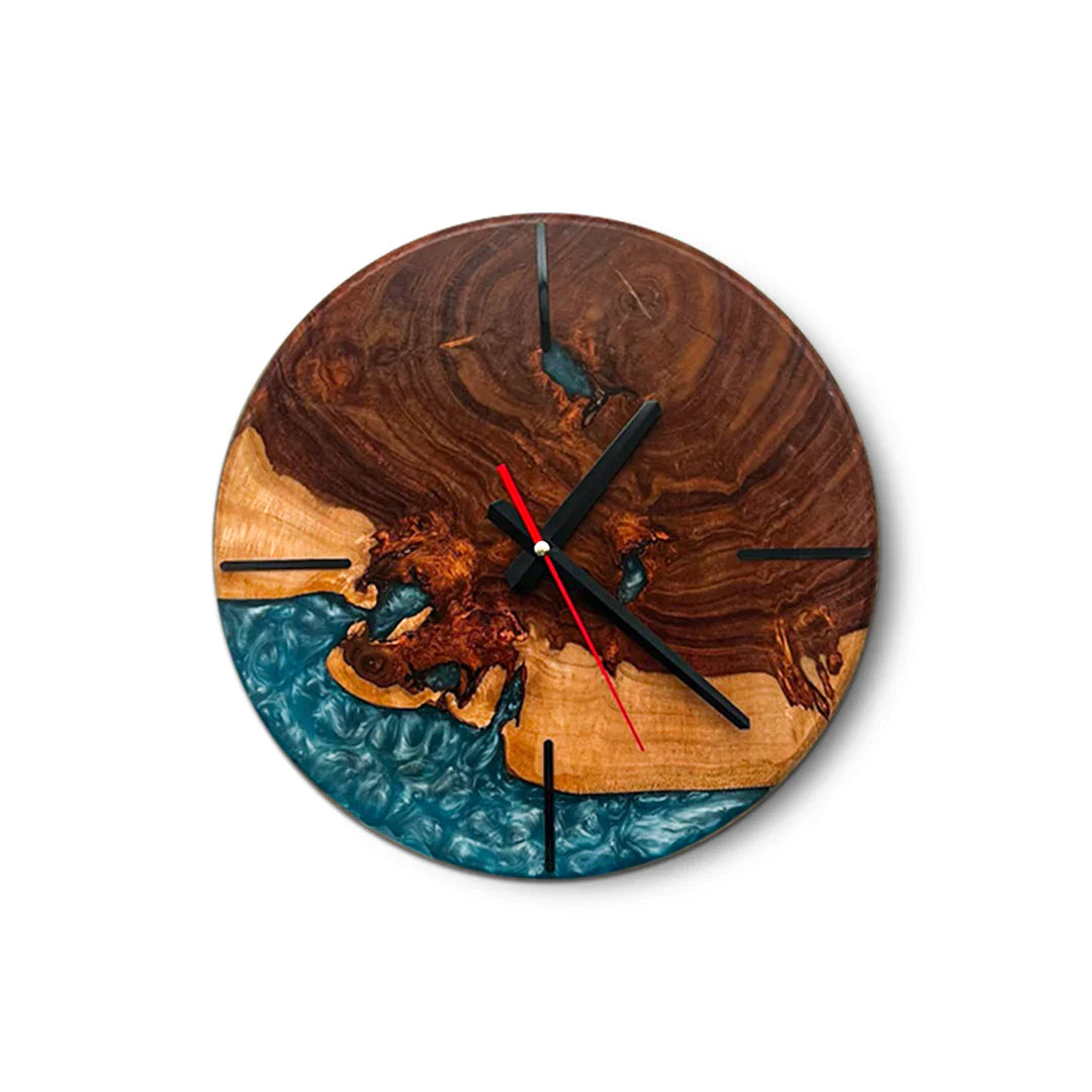 Sheesham Ocean Drift Wall Clock – 14-inch round wood and blue resin wall clock with natural grain and coastal-inspired resin detail.