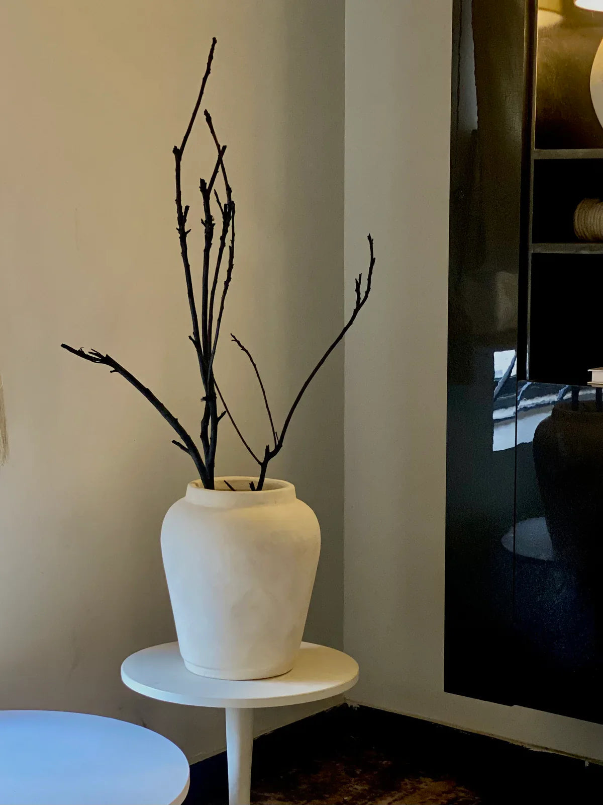 “Handcrafted terracotta cashew-shaped vase with lime wash finish in light beige, 12-inch modern ceramic decor for timeless home styling.”
