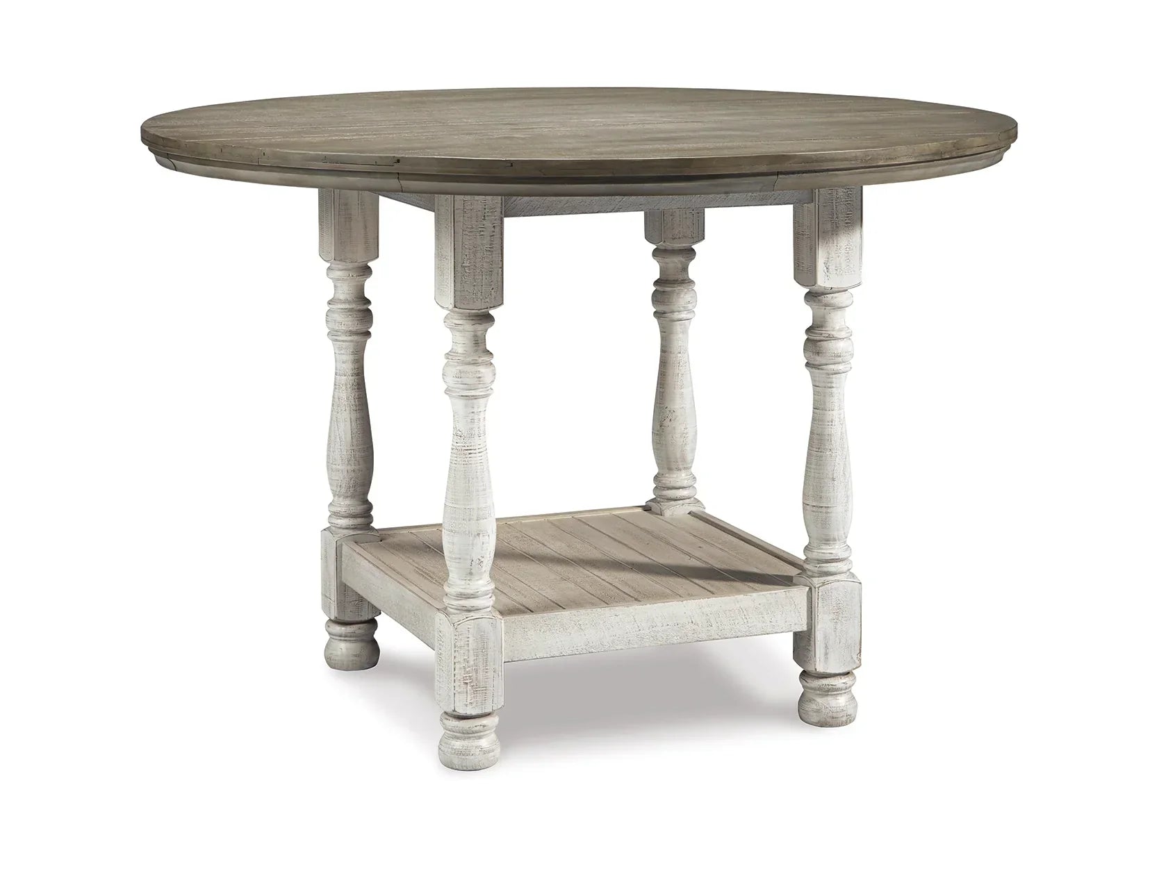 Round wooden table with a rustic finish on a white background