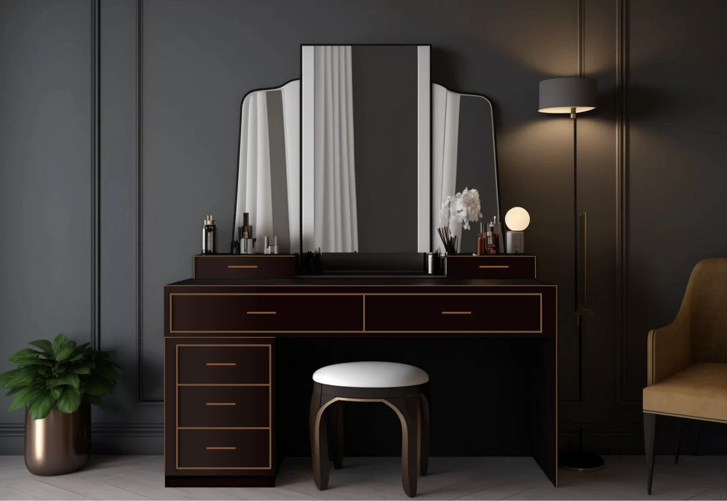 Dressing table with mirror, stool, and decorative items in a dark room.