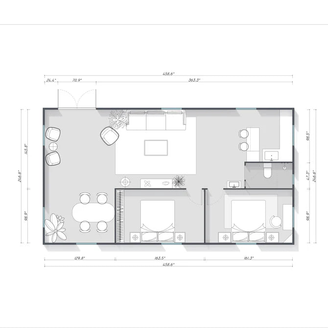 A black and white architectural floor plan diagram showing a compact one-bedroom apartment layout with furniture icons, walls, doors, and dimension labels around the perimeter.