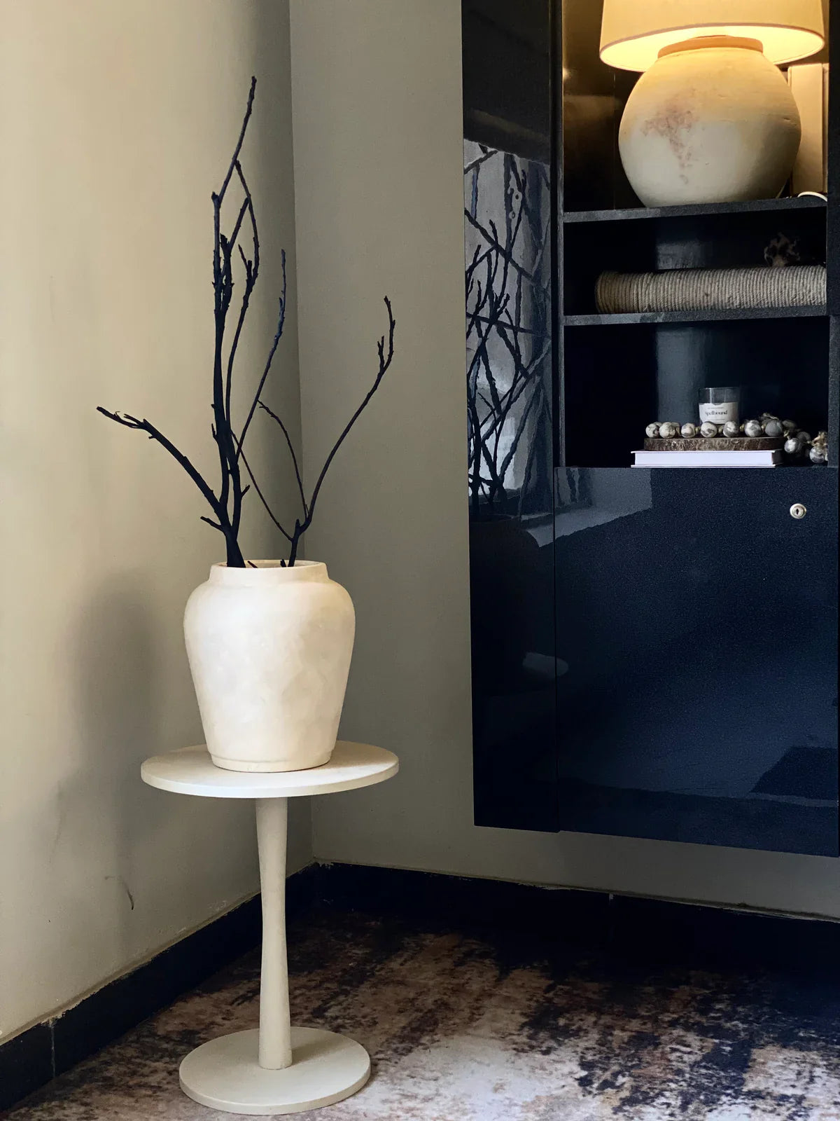 “Handcrafted terracotta cashew-shaped vase with lime wash finish in light beige, 12-inch modern ceramic decor for timeless home styling.”