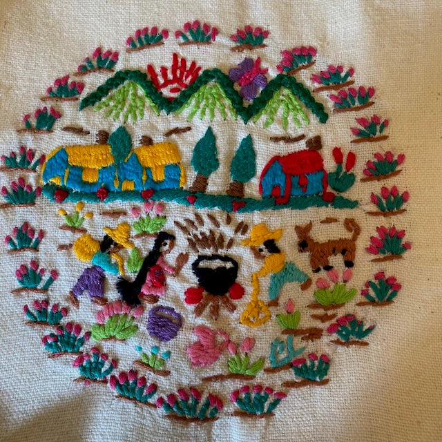 Embroidered scene with people, animals, and landscape on beige fabric Style N