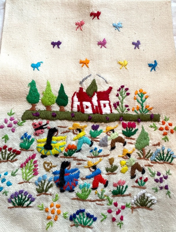 Embroidered scene with people, animals, and nature elements on a beige fabric background Style D
