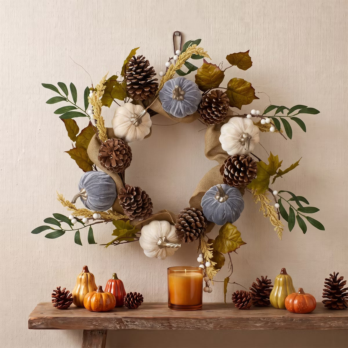 Pumpkins and Pinecones Artificial Burlap Fall Harvest Wreath