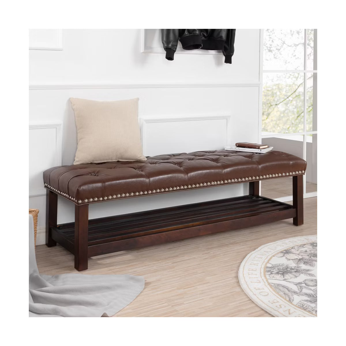 Upholstered Bench with Shelf,PU Leather End of Bed Bench with Nailhead Trim
