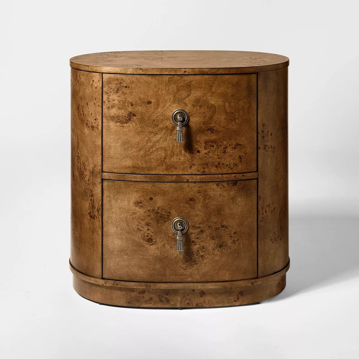 Burled Wood 2 Drawer Nightstand with Decorative Hardware Brown