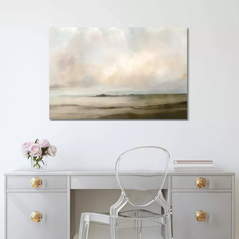 Abstract landscape painting on a wall above a desk with a chair.
