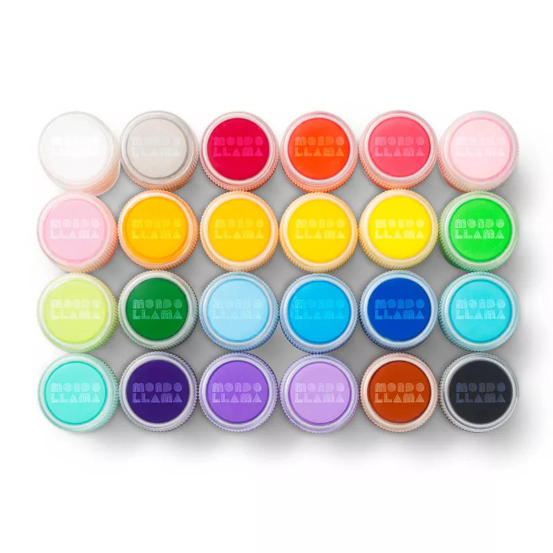 Set of colorful Moondog Llama paint pots on a white background