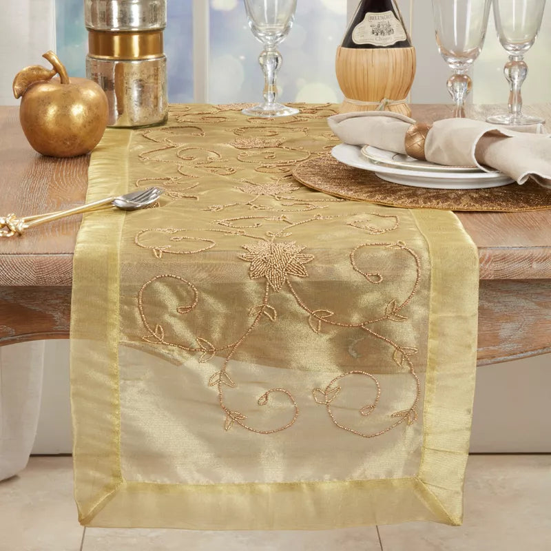 Saro Lifestyle Long Table Runner With Handmade Beaded Gold