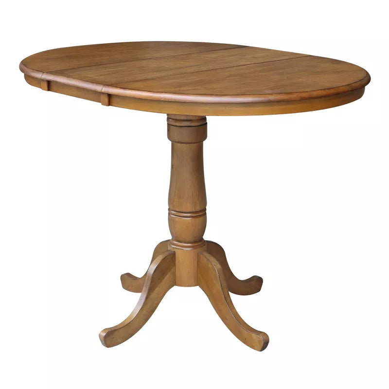 Wooden round table with a pedestal base on a white background