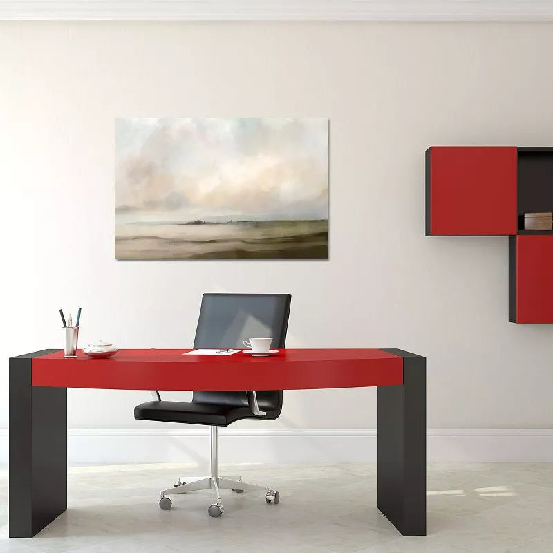 Modern office setup with a red and black desk, chair, and wall art.