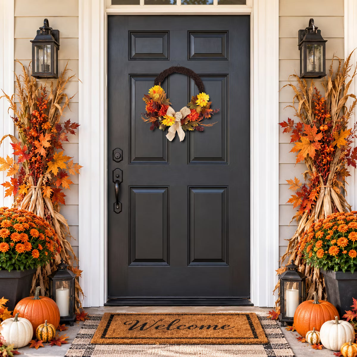 Small Artificial Fall Harvest Wreath with Burlap Bow